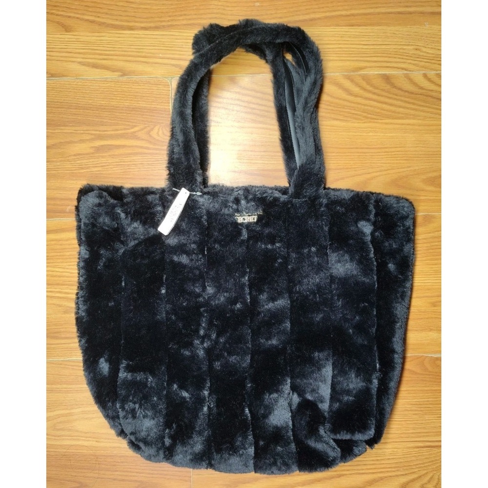 Victoria's Secret Black Faux Fur Logo Lined X-Large Tote Handbag New With Tags